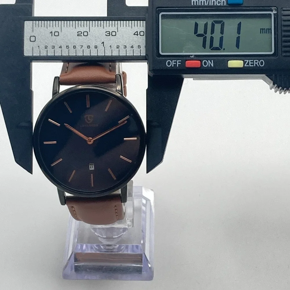Lavaredo Men's Watch 40mm Black Blue Dial Date Brown Leather 30M New Battery 9